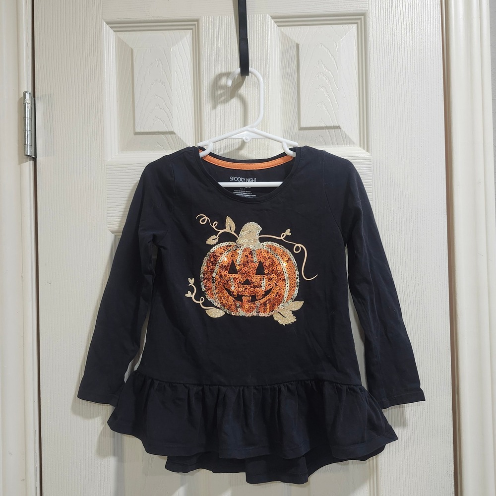 Spooky Night Girls Black Halloween Sequin Pumpkin Peplum Top Size 4T